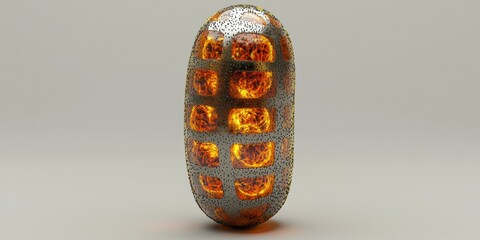 Abstract metallic capsule with fiery interior. AI.