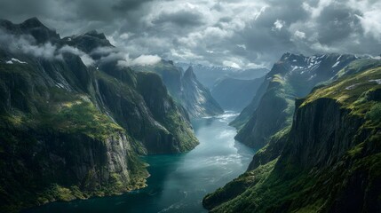 Striking nature landscape of dramatic fjord icy water flanked towering cliff snow peak cloud descending into valley captured bird eye panoramic view dramatic Nordic sky custom background cut out