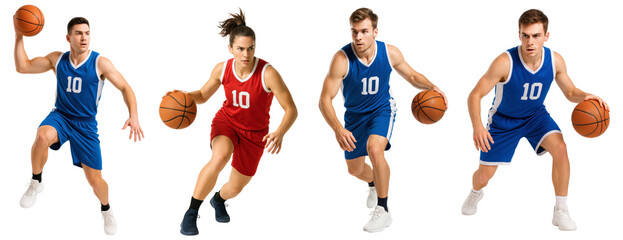 Male and female basketball players dribbling ball in action pose wearing uniforms, isolated on transparent background