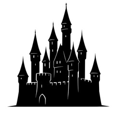 Obraz premium Black silhouette of a medieval castle with multiple towers 