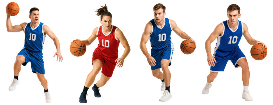 Male and female basketball players dribbling ball in action pose wearing uniforms, isolated on transparent background