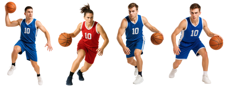 Male and female basketball players dribbling ball in action pose wearing uniforms, isolated on transparent background