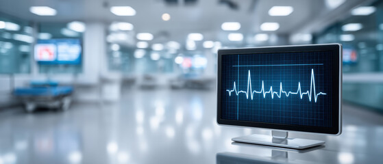 Fototapeta premium Healthcare big data is displayed on monitor showing heart rate in modern hospital room with medical equipment and bright lighting
