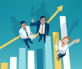 Plakat Three smiling business people standing on a growing business graph viewed from above are enjoying success. Vector illustration.