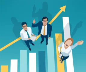  Three smiling business people standing on a growing business graph viewed from above are enjoying success. Vector illustration. © bizvector