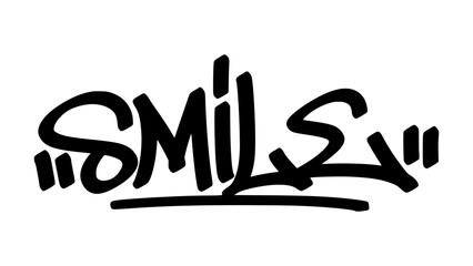 Vector graffiti tag of the word “smile” in bold black street art style. Expressive handstyle lettering on transparent background. Perfect for urban and edgy design.  © dirtyfellas