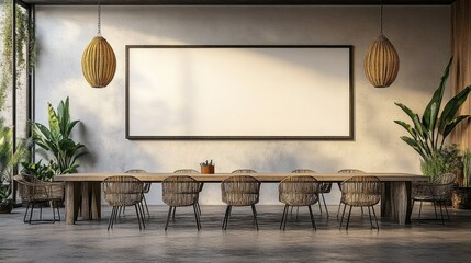 Large, empty framed graphic display in a contemporary dining area.