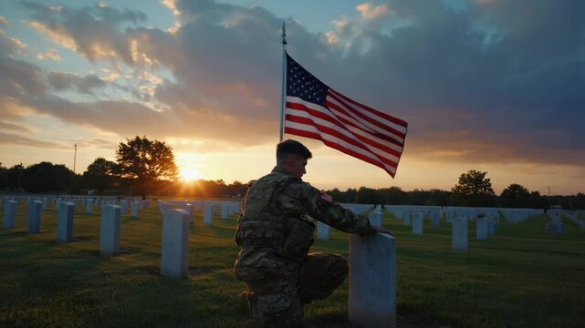 American soldier kneeling at military cemetery in honor of veterans for memorial day and independence tribute