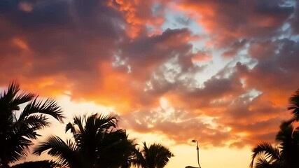 A glowing sunset casts golden reflections over peaceful pool surrounded silhouetted palm trees creating tranquil atmosphere vertical 4K video is perfect luxury travel relaxation themed marketing - Powered by Adobe