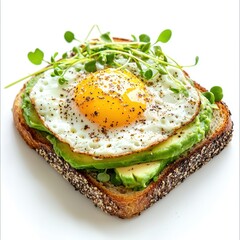 Delicious healthy open-faced sandwich with fried egg avocado microgreens and whole grain bread on white background