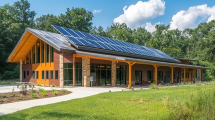 Obraz premium Modern Eco-Friendly Building with Solar Panels and Lush Green Landscape in Bright Daylight