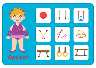 Game for preschool children. Studying professions. Cards - puzzle. Gymnast and gymnastic equipment and instruments. Vector illustration in cartoon style