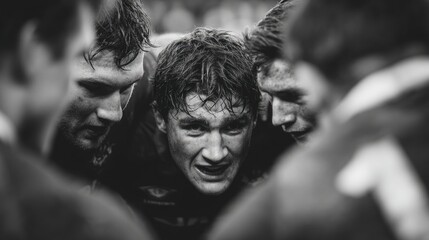 Determined Rugby Player Huddle Intense Focus Black and White Portrait