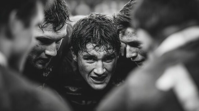 Determined Rugby Player Huddle Intense Focus Black and White Portrait