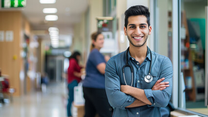 Smiling doctor standing confidently in hospital hallway