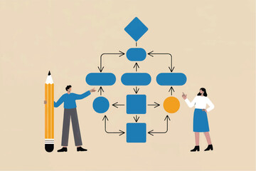 Vector cartoon illustration of two people planning a workflow with a flowchart isolated on transparent background