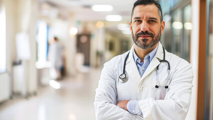 Smiling doctor standing confidently in hospital hallway