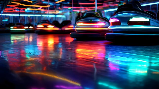 Bright Neon Lights Reflected on Floor of Bumper Car Attraction