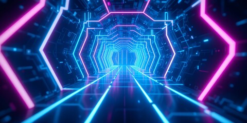Futuristic neon glowing digital tunnel with hexagonal geometric shapes
