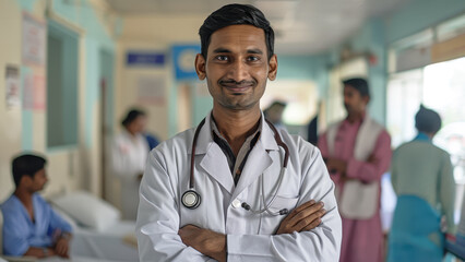 Smiling doctor standing confidently in hospital hallway