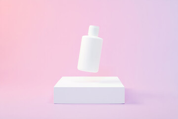 A white bottle floats above a pristine white cube against a soft pink backdrop