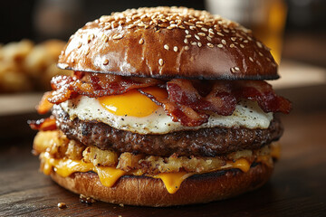 Bacon and egg burger on wooden table.