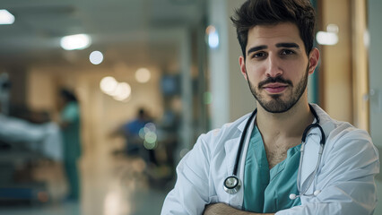 Smiling doctor standing confidently in hospital hallway