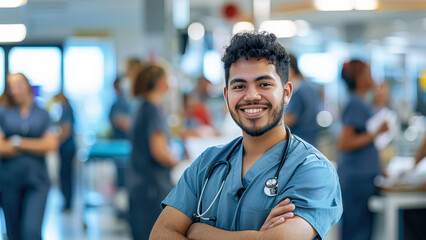 Smiling doctor standing confidently in hospital hallway