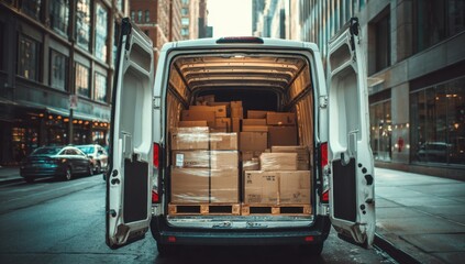 Delivery Van Transports Cargo Boxes on Pallets within a bustling Cityscape during a Logistics Operation, Delivering Goods