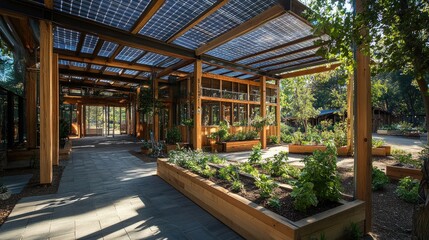 Sustainable Architecture with Solar Panels in a Modern Botanical Garden Setting