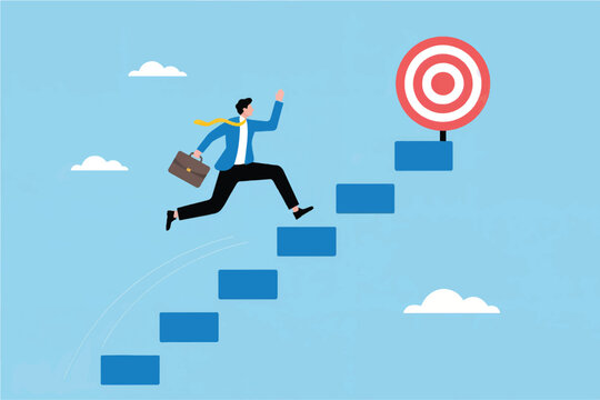 Businessman running up stairs towards target vector cartoon illustration isolated on transparent background