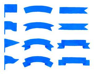 リボン&旗　blue　水彩、手描き　ribbon & flag wartercolor hand-draw