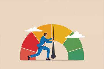 Businessman moving speedometer needle to green vector cartoon illustration isolated on transparent background