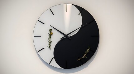 A yinyang clock, adorned with sprigs of rosemary and an olive, is isolated on white background