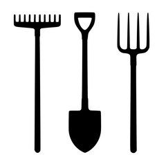 Garden tools including rake, shovel, and pitchfork in silhouette