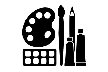 Art supplies including palette, brushes, and tubes of paint  