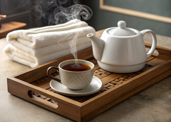 Fototapeta premium Hot tea in a white cup and teapot with cookies on a breakfast table ai generated