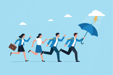 Business team running for cover under umbrella from storm vector cartoon illustration isolated on transparent background