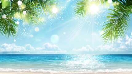 Obraz premium Tropical beach scene with palm leaves and sunlight.