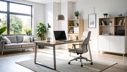 office desk, laptop and coffee, Generated image