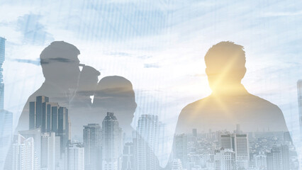 Double exposure image of many business team during sunrise overlay with cityscape 