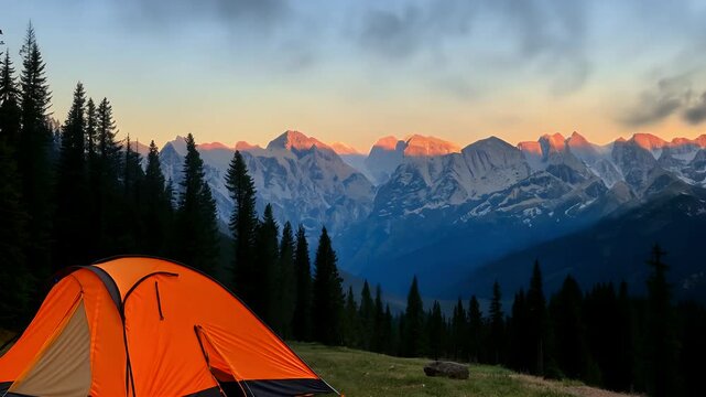 Two orange tents flickering campfire sit nestled mountain forest dusk peaceful 4K shot captures essence camping wilderness exploration great travel lifestyle storytelling