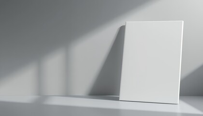 Fototapeta premium Minimalist blank white canvas standing on floor against gray wall with soft shadows