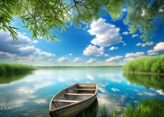 Obraz premium Peaceful lake scene with a wooden boat beneath a bright blue sky and fluffy clouds