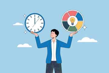 Man balancing time and ideas vector cartoon illustration isolated on transparent background