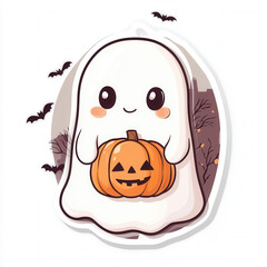 Fototapeta premium Cute kawaii ghost holding orange pumpkin with flying bats halloween sticker design 