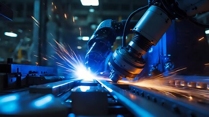 Robot Welding Metal in Factory with Sparks and Industrial Machinery Operation