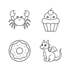 Adorable Kawaii Line Art Crab, Cupcake, Donut, Dragon Illustrations