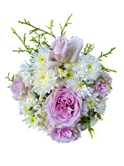 A beautiful floral bouquet features soft pink and lavender roses nestled among white chrysanthemums or similar delicate white filler flowers, accented with wispy green foliage.