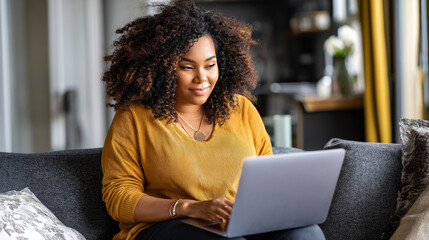 A curvy woman sitting on a couch with her laptop, browsing through a cooking recipe, looking inspired to create a healthy meal